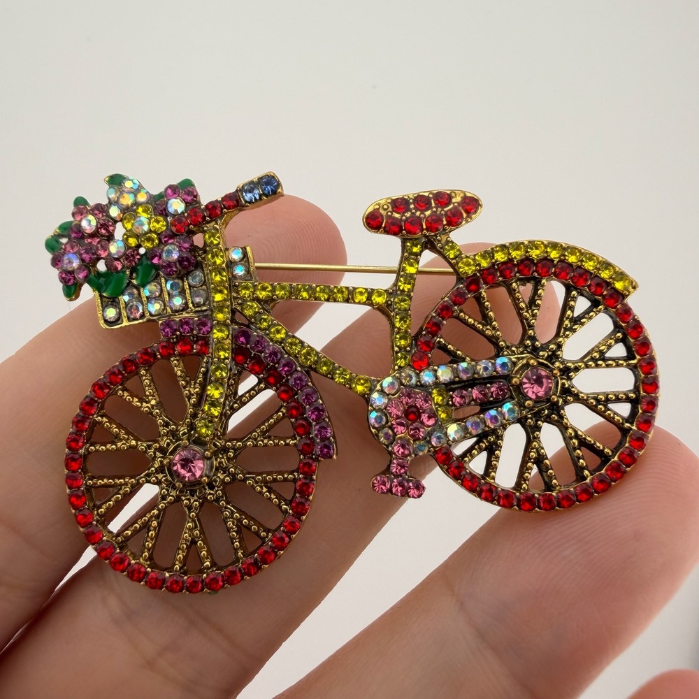 Multicolor Rhinestone Bicycle Brooch Flower Basket Pin - Picture 6 of 9
